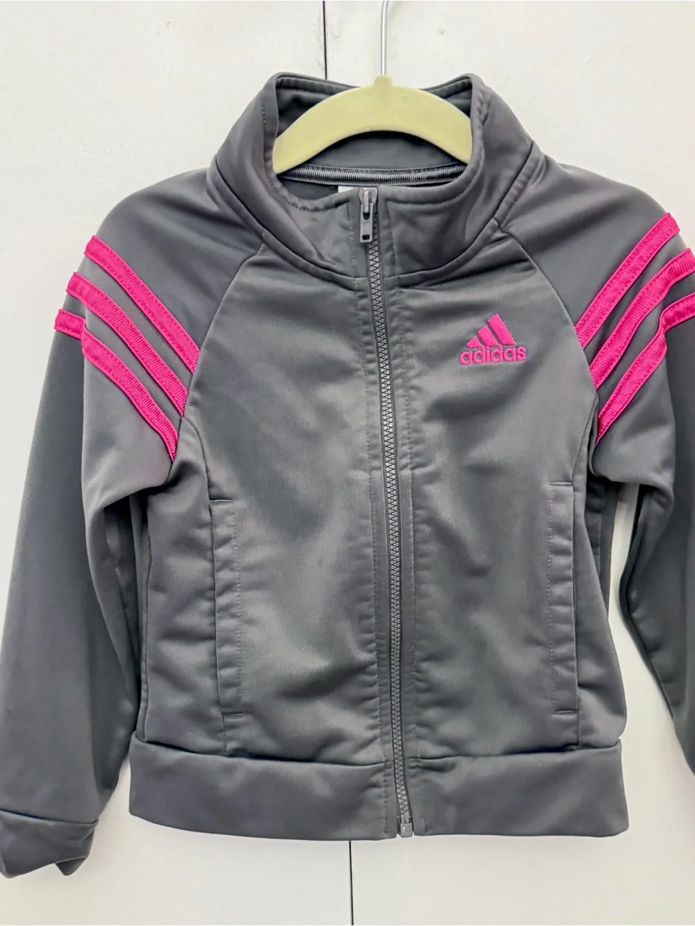 adidas Dark Gray Tricot Track Jacket with Pink Logo